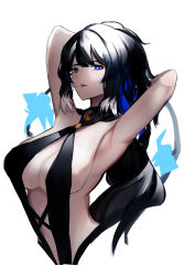 Rule 34 | 1girl, absurdres, alternate costume, arknights, armpits, arms behind back, arms up, black hair, blue eyes, blue hair, blue lips, breasts, bright pupils, center opening, character name, cleavage, cover, dress, highres, kjera (arknights), large breasts, lipstick, long hair, looking at viewer, makeup, multicolored hair, parted lips, revealing clothes, sleeveless, sleeveless dress, smile, solo, upper body, wawamachi (wawamachis), white hair