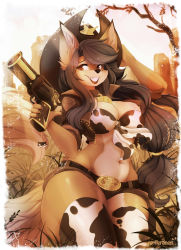 Rule 34 | 1girl, absurdres, adjusting clothes, adjusting headwear, alternate costume, animal ear fluff, animal ears, animal nose, animal print, arm up, artist name, belt, belt buckle, black hat, blue hair, body fur, border, bra, breasts, brown fur, brown jacket, brown shorts, buckle, carmelita fox, cleavage, collar, cow print, cowboy hat, cowboy shot, cowboy western, cropped jacket, day, english text, fang, female focus, fox ears, fox girl, fox tail, front-tie bra, furry, furry female, grass, grin, gun, hair tie, hand up, handgun, happy, hat, highres, holding, holding gun, holding weapon, holster, jacket, large breasts, long hair, looking to the side, low-tied long hair, micro shorts, mole, mole under eye, navel, open clothes, open jacket, outdoors, print bra, print thighhighs, red eyes, revolver, sepia, short sleeves, shorts, sidelocks, skindentation, sleeves rolled up, sly cooper (series), smile, snout, solo, standing, star (symbol), stomach, swept bangs, tail, teeth, teranen, thick thighs, thighhighs, thighs, trigger discipline, two-tone fur, underwear, unzipped, very long hair, watermark, weapon, white border, white fur, wide hips, zipper, zipper pull tab