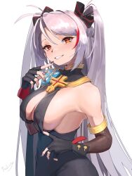 Rule 34 | 1girl, aiguillette, asymmetrical clothes, azur lane, bismarck (azur lane), bismarck (azur lane) (cosplay), bismarck (beacon of the iron blood) (azur lane), bismarck (coat of arms), black dress, black gloves, black nails, breasts, brown eyes, cleavage, cosplay, cross, cross necklace, dress, epaulettes, filin, finger to mouth, fingerless gloves, gloves, grey hair, grin, hair between eyes, hair ribbon, highres, iron blood (emblem), jewelry, large breasts, long hair, looking at viewer, nail polish, necklace, official alternate costume, prinz eugen (azur lane), ribbon, sideboob, signature, simple background, smile, solo, teeth, twintails, upper body, white background