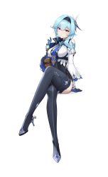 Rule 34 | 1girl, absurdres, black footwear, black hairband, blue gloves, blue hair, blue necktie, boots, breasts, brown eyes, closed mouth, crossed legs, eula (genshin impact), full body, genshin impact, gloves, hair between eyes, hair ornament, hairband, high heel boots, high heels, highres, invisible chair, long hair, long sleeves, medium breasts, necktie, simple background, sitting, solo, sukaliya, thigh boots, thighhighs, white background