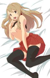Rule 34 | 10s, 1girl, bed sheet, black shirt, black thighhighs, blush, breasts, breasts out, clothes lift, creatures (company), egooo, game freak, hand on own crotch, highres, large breasts, light brown hair, long hair, navel, nintendo, nipples, open mouth, pleated skirt, pokemon, pokemon xy, red skirt, serena (pokemon), shirt, shirt lift, skirt, sleeveless, sleeveless shirt, solo, thighhighs, zettai ryouiki