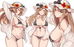Rule 34 | 1girl, :d, arm behind head, bad id, bad pixiv id, bare shoulders, bikini, blush, breasts, brown eyes, brown hair, cleavage, collared shirt, flower, gluteal fold, gongba laoge, groin, hair between eyes, hat, hat flower, highres, large breasts, long hair, looking at viewer, multiple piercings, multiple views, navel, open clothes, open mouth, open shirt, original, shirt, simple background, smile, stomach, striped bikini, striped clothes, sun hat, swimsuit, thighs, white background, white shirt