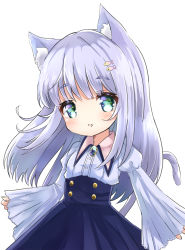 Rule 34 | 1girl, animal ear fluff, animal ears, blue shirt, blue skirt, blush, brooch, cat day, cat ears, cat girl, cat tail, chibi, collared shirt, commentary request, dress shirt, fish hair ornament, green eyes, hair ornament, high-waist skirt, jewelry, juliet sleeves, long hair, long sleeves, original, parted lips, puffy sleeves, purple hair, shirt, simple background, skirt, sleeves past wrists, smile, solo, sunameri (pixiv3564245), tail, tail raised, very long hair, white background, wide sleeves