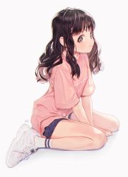 Rule 34 | 1girl, arm support, artist name, backlighting, bad id, bad pixiv id, between legs, black hair, blouse, blunt bangs, blush, denim, denim shorts, from side, hand between legs, highres, light smile, long hair, looking at viewer, looking to the side, oli o o, original, pink shirt, pointy nose, print shirt, ribbed legwear, see-through, shirt, shoes, short shorts, short sleeves, shorts, sidelocks, signature, simple background, sitting, sneakers, socks, solo, striped clothes, striped socks, wariza