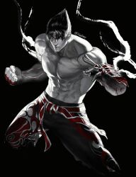Rule 34 | 1boy, abs, absurdres, arm guards, bare pectorals, belt, black background, black hair, closed mouth, dougi, fighting stance, fingerless gloves, gloves, hair between eyes, hair over eyes, highres, isdx00, kazama jin, looking at viewer, male focus, martial arts, martial arts belt, muscular, muscular male, pectorals, red belt, red eyes, signature, simple background, solo, spiked hair, tekken, topless male, twitter username