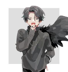 Rule 34 | 1boy, aqua eyes, bishounen, black feathers, black hair, black nails, black pants, black wings, commentary, cropped legs, fang, feathered wings, feathers, goth fashion, grey background, jewelry, kaede 1402, kagero (kamen rider revice), kamen rider, kamen rider revice, looking at viewer, male focus, necklace, open mouth, pants, see-through, see-through sleeves, short hair, single wing, smile, smug, solo, symbol-only commentary, thumb ring, tokusatsu, upper body, wings