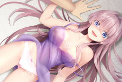 Rule 34 | 1girl, 1other, aurora (mvv), bad id, bad pixiv id, bare shoulders, blue eyes, breasts, camisole, collarbone, commentary, commentary request, dutch angle, english commentary, eyes visible through hair, highres, large breasts, long hair, looking at viewer, lying, mixed-language commentary, mvv, nipples, no bra, on back, on floor, open mouth, original, panties, pink hair, pink panties, purple camisole, shaded face, underwear