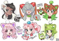 Rule 34 | 6+girls, animal ears, antennae, black hair, blunt bangs, blush, brown hair, character name, closed mouth, commentary, cropped shoulders, dark-skinned female, dark skin, ear piercing, english commentary, facial mark, freckles, green eyes, green hair, grey hair, hair ornament, hair over eyes, hairclip, heart, heart facial mark, highres, itemlabel, long hair, m516, multicolored hair, multiple girls, open mouth, oui oui, personification, piercing, pink hair, ponytail, short hair, simple background, tongue, tongue out, twitter username, white hair, wing hair ornament, x hair ornament