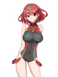Rule 34 | 1girl, breasts, competition swimsuit, gem, hair ornament, headpiece, highres, jewelry, looking at viewer, one-piece swimsuit, pyra (pro swimmer) (xenoblade), pyra (xenoblade), red eyes, red hair, rm011vvv1, short hair, smile, solo, swept bangs, swimsuit, tiara, xenoblade chronicles (series), xenoblade chronicles 2