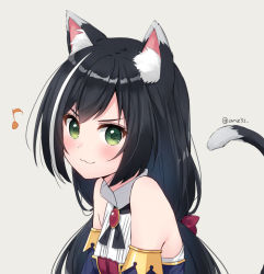 Rule 34 | 1girl, :3, animal ear fluff, animal ears, anz32, bad id, bad pixiv id, bare shoulders, black hair, blush, cat ears, cat girl, cat tail, closed mouth, collared shirt, commentary request, eighth note, green eyes, grey background, karyl (princess connect!), long hair, looking at viewer, looking to the side, musical note, princess connect!, shirt, simple background, sleeveless, sleeveless shirt, smile, solo, tail, tail raised, twitter username, upper body, v-shaped eyebrows, white shirt
