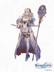 Rule 34 | 1girl, boots, breasts, copyright name, detached sleeves, full body, granblue fantasy, granblue fantasy: relink, hair ornament, high heel boots, high heels, highres, holding, holding staff, lilith (granblue fantasy: relink), logo, long hair, medium breasts, minaba hideo, official art, red eyes, second-party source, smile, solo, staff, thigh boots, thighs, white hair