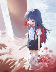 1girl absurdres backpack bag bandage_on_knee black_skirt blood bloody_knife blue_hair blunt_bangs bow bowtie child collared_shirt commentary dark_blue_hair english_commentary flower furude_rika gauze_on_knee highres higurashi_no_naku_koro_ni holding holding_knife knife pillar pink_bow pink_bowtie randoseru red_bag red_eyes red_footwear scar scar_on_face school_uniform shirt short_sleeves skirt socks spider_lily suspenders suye wading water white_shirt white_socks