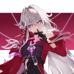 Rule 34 | 1girl, absurdres, belly, black choker, bright pupils, chain whip, choker, highres, honkai (series), honkai impact 3rd, jacket, looking at viewer, ooo wange, purple eyes, purple ribbon, red background, red jacket, ribbon, ribbon hair ornament, simple background, single bare shoulder, smile, string, thelema (honkai impact), white background, white hair, white pupils