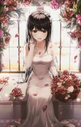 Rule 34 | 1girl, bare shoulders, black hair, bouquet, breasts, collarbone, copyright request, csc00014, dress, earrings, elbow gloves, feet out of frame, flower, gloves, hand up, highres, jewelry, long hair, looking at viewer, medium breasts, necklace, open mouth, original, petals, red flower, rose, sitting, sleeveless, sleeveless dress, smile, solo, strapless, strapless dress, wedding dress, white dress, white gloves, window
