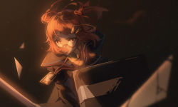 Rule 34 | 1girl, arknights, beagle (arknights), black jacket, commentary, covered mouth, dadijiji, glasses, hair ornament, hair over mouth, highres, holding, holding shield, holding sword, holding weapon, hood, hooded jacket, jacket, lanyard, letterboxed, medium hair, name tag, orange eyes, orange hair, parted bangs, red-framed eyewear, semi-rimless eyewear, shield, short twintails, solo, sword, symbol-only commentary, twintails, upper body, weapon, wind