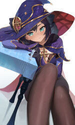 Rule 34 | 1girl, absurdres, aqua eyes, arm rest, black gloves, black hair, black pantyhose, breasts, brooch, chess piece, cleavage, detached sleeves, fur collar, genshin impact, gloves, gold trim, hat, hat ornament, hidulume, highres, jewelry, king (chess), knees up, leaning on object, leotard, looking to the side, mona (genshin impact), pantyhose, purple hat, purple leotard, sitting, small breasts, solo, star brooch, table, twintails, white background, witch hat