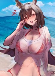 Rule 34 | 1girl, absurdres, animal ears, arm support, bikini, bra visible through clothes, breasts, brown hair, highres, horse ears, horse girl, large breasts, long hair, open mouth, pasuo, red bikini, red eyes, see-through, shirt, sirius symboli (umamusume), sitting, solo, swimsuit, umamusume, very long hair, wet, wet clothes, wet shirt