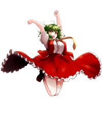 Rule 34 | 1girl, :d, adapted costume, arms up, bloom, blush, breasts, brown footwear, dress shirt, frilled skirt, frills, full body, green hair, grey socks, highres, itocoh, jumping, kazami yuuka, large breasts, legs together, necktie, open clothes, open mouth, open vest, puffy short sleeves, puffy sleeves, red skirt, red vest, shirt, shoes, short hair, short sleeves, simple background, skirt, skirt set, smile, socks, solo, touhou, vest, victory pose, white background, white shirt, yellow eyes, yellow necktie