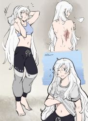 Rule 34 | 1girl, alternate costume, alternate hairstyle, bag, barefoot, blue eyes, breasts, dimples of venus, dlanon, drying, drying hair, from behind, gym shorts, long hair, looking at viewer, multiple views, one eye closed, rwby, scar, scar across eye, scar on back, scar on face, shorts, shoulder bag, sleepy, small breasts, sports bra, tan background, weiss schnee, white hair