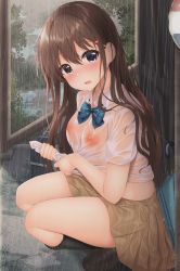 Rule 34 | 1girl, bag, black eyes, black socks, blush, bow, brown footwear, brown hair, brown skirt, collared shirt, commentary request, covered erect nipples, full body, hair between eyes, hair ornament, hairclip, handbag, highres, kneehighs, long hair, looking at viewer, minato ojitan, nipples, no bra, open mouth, original, outdoors, parted lips, pleated skirt, puddle, rain, school uniform, see-through, shirt, shoes, short sleeves, skirt, socks, solo, squatting, umbrella, uniform, wet, wet clothes, wet shirt, white shirt, wringing clothes