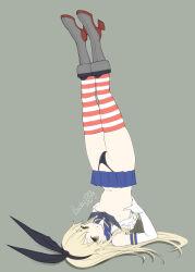 Rule 34 | 1girl, black hairband, black neckerchief, black panties, blonde hair, blue sailor collar, blue skirt, bosshi, commentary request, crop top, elbow gloves, gloves, grey background, grey eyes, hairband, highleg, highleg panties, highres, kantai collection, legs up, long hair, looking at viewer, lying, microskirt, miniskirt, neckerchief, on back, panties, pleated skirt, sailor collar, shimakaze (kancolle), skirt, solo, striped clothes, striped thighhighs, thighhighs, underwear, white gloves