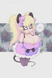 Rule 34 | blonde hair, bow, breasts, cleavage, dress, furry, gigantic breasts, mouse (animal), pink dress, slit pupils, smutbunny, standing, tail, tiffy cheesecake, twintails