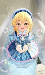 Rule 34 | 1girl, :d, absurdres, artist name, bathroom, bathtub, blonde hair, blue dress, blush, braid, commentary request, door, dress, from above, full body, green eyes, half-closed eyes, hands up, highres, hmax, idolmaster, idolmaster cinderella girls, idolmaster cinderella girls starlight stage, kneeling, lolita fashion, looking at viewer, lotion bottle, open mouth, partially submerged, sakurai momoka, short hair, shower curtain, smile, soap bubbles, solo, straight-on, suggestive fluid, sweet lolita, tile wall, tiles, upper body, wrist cuffs