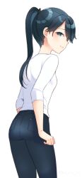 Rule 34 | 1girl, alternate costume, black eyes, black hair, black pants, closed mouth, commentary request, commission, cowboy shot, houshou (kancolle), kantai collection, koruri, long hair, pants, ponytail, shirt, simple background, skeb commission, sleeves past elbows, smile, solo, white background, white shirt