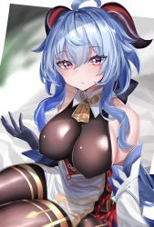 Rule 34 | 1girl, absurdres, ahoge, bare shoulders, bell, black gloves, black pantyhose, blue hair, blush, bodystocking, breasts, brown pantyhose, detached sleeves, dress, ganyu (genshin impact), genshin impact, gloves, highres, horns, keishi surota, large breasts, long hair, looking at viewer, neck bell, paid reward available, pantyhose, pelvic curtain, purple eyes, solo, thighs, white dress
