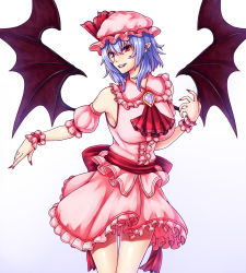 Rule 34 | 1girl, adapted costume, armpit peek, arms up, ascot, bat wings, blouse, blue hair, breasts, brooch, contrapposto, cowboy shot, cropped legs, detached sleeves, fangs, fingernails, frilled skirt, frills, gradient background, grey background, grin, hair between eyes, hat, hat ribbon, head tilt, highres, jewelry, large breasts, looking to the side, mob cap, nail polish, pink hat, pink shirt, pink skirt, pointy ears, red ascot, red eyes, red nails, remilia scarlet, ribbon, sash, sharp fingernails, shirt, short hair, short sleeves, simple background, skirt, skirt set, smile, solo, standing, thigh gap, touhou, vampire, white background, wings, wrist cuffs, zellam