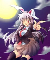 Rule 34 | 1girl, animal ears, black thighhighs, blazer, breasts, full moon, jacket, large breasts, light purple hair, long hair, looking at viewer, moon, one eye closed, open mouth, rabbit ears, red eyes, reisen udongein inaba, skirt, solo, thighhighs, touhou, zettai ryouiki