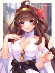 Rule 34 | 1girl, ahoge, breasts, brown hair, champagne flute, cleavage cutout, clothing cutout, cup, double bun, dress, drinking glass, flower, gold hairband, hair bun, hair flower, hair ornament, hairband, highres, kantai collection, kongou (kancolle), kozu (bloomme1 me), large breasts, long hair, official alternate costume, purple eyes, simple background, smile, solo, upper body, white background, white dress