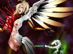 Rule 34 | blonde hair, blood, cyborg, death, dissection, ero guro, genji (overwatch), guro, md5 mismatch, mechanical wings, mercy (overwatch), murder, overwatch, overwatch 1, resolution mismatch, source larger, sword, tagme, usmyd, weapon, wings