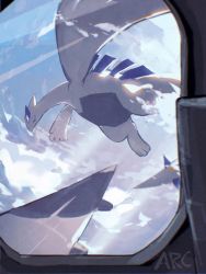 Rule 34 | aircraft, airplane, airplane interior, arc draws, black eyes, closed mouth, cloud, commentary request, creatures (company), day, fang, flying, game freak, gen 2 pokemon, highres, legendary pokemon, lugia, nintendo, no humans, outdoors, pokemon, pokemon (creature), signature, skin fang, solo