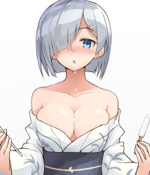 Rule 34 | 10s, 1girl, :o, bare shoulders, blue eyes, blush, breasts, collarbone, dripping, food, hair ornament, hair over one eye, hairclip, hamakaze (kancolle), highres, japanese clothes, kantai collection, kimono, large breasts, looking at viewer, obi, off shoulder, open clothes, open kimono, popsicle, sash, short hair, shunichi, silver hair, simple background, solo, white background