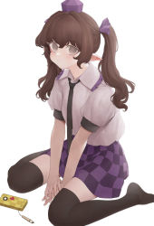 Rule 34 | 1girl, :o, between legs, black necktie, black thighhighs, blush, brown hair, cellphone, checkered clothes, checkered skirt, frilled shirt collar, frills, grey eyes, hair between eyes, hair intakes, hair ribbon, hand between legs, hat, heart, himekaidou hatate, long hair, looking at viewer, necktie, ni (221), no shoes, paintbrush, phone, pointy ears, puffy short sleeves, puffy sleeves, purple hat, purple ribbon, purple skirt, ribbon, shirt, short sleeves, simple background, sitting, skirt, smartphone, solo, thighhighs, tokin hat, touhou, twintails, v arms, wariza, white background, white shirt, zettai ryouiki
