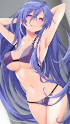 Rule 34 | 1girl, armpits, arms behind head, arms up, bikini, blue hair, blush, breasts, iris heart, iwashi dorobou -r-, kami jigen game neptune v, large breasts, licking lips, long hair, looking at viewer, navel, neptune (series), paid reward available, pink eyes, power symbol, power symbol-shaped pupils, purple bikini, simple background, smile, solo, swimsuit, symbol-shaped pupils, tongue, tongue out, underboob, very long hair