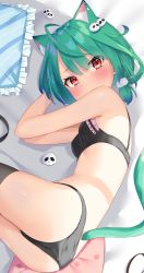 Rule 34 | 1girl, ahoge, animal ear fluff, animal ears, armpit crease, ass, bare shoulders, bed, black panties, black thighhighs, blush, bra, breasts, cat ears, colored tips, earrings, extra ears, from above, ghost, ghost hair ornament, green hair, hair ornament, highres, hololive, jewelry, k mugura, looking at viewer, lying, multicolored hair, on bed, on side, panties, pillow, red eyes, short hair, skull hair ornament, small breasts, solo, tail, thighhighs, twintails, underwear, underwear only, uruha rushia, virtual youtuber