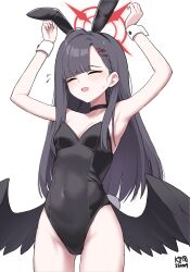 Rule 34 | 1girl, ^ ^, alternate costume, animal ears, armpits, arms up, asymmetrical bangs, bare shoulders, black choker, black hair, black leotard, black wings, blue archive, blunt bangs, blush, breasts, choker, cleavage, closed eyes, covered navel, dated, fake animal ears, fake tail, feathers, flying sweatdrops, halo, highres, ichika (blue archive), leotard, long hair, myeolchi, playboy bunny, rabbit ears, rabbit tail, red halo, signature, simple background, small breasts, smile, solo, straight hair, strapless, strapless leotard, sweatdrop, tail, very long hair, white background, wings, wrist cuffs