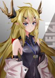 Rule 34 | 1girl, absurdres, ahoge, arknights, arm strap, bare shoulders, blonde hair, blue eyes, breasts, character name, commentary request, gradient background, grey background, highres, horns, id card, leizi (arknights), long hair, looking at viewer, partial commentary, pointy ears, shikino miya (shiki ne ), sleeveless, small breasts, solo, upper body, very long hair