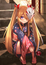 Rule 34 | 1girl, blurry, brown hair, candy apple, commentary request, depth of field, dot nose, food, fox mask, hair over one eye, hair ribbon, highres, holding, holding food, japanese clothes, kimono, long hair, long sleeves, looking at viewer, mahcdai, mask, mask on head, original, parted lips, purple eyes, ribbon, rum ialis, sidelocks, sitting, solo, stairs, wide sleeves, yukata