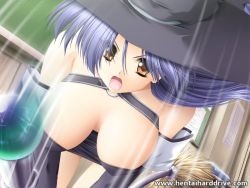 Rule 34 | 1girl, breasts, game cg, hat, huge breasts, kaikan senshi busty, large breasts, purple hair, solo, usami reina, watermark, witch hat