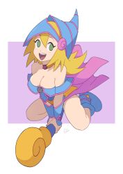 Rule 34 | 1girl, blonde hair, blue hat, breasts, cape, cleavage, commentary, dark magician girl, english commentary, green eyes, hat, highres, holding, holding staff, large breasts, looking at viewer, open mouth, rizwan rafiq, signature, simple background, solo, spiked hair, staff, staff riding, white background, witch hat, yu-gi-oh!