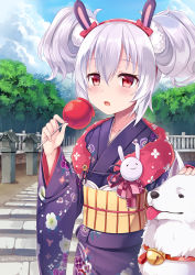 Rule 34 | 1girl, animal, animal ears, azur lane, blue sky, blush, bow, candy apple, closed mouth, cloud, cloudy sky, commentary request, day, dog, fingernails, floral print, food, hair between eyes, hairband, hand on another&#039;s head, highres, holding, holding food, japanese clothes, juliet sleeves, kimono, laffey (azur lane), laffey (snow rabbit and candy apple) (azur lane), long sleeves, looking at viewer, nekomicha, obi, open mouth, outdoors, print kimono, puffy sleeves, purple kimono, rabbit ears, red bow, red eyes, red hairband, samoyed (dog), sash, sidelocks, silver hair, sky, solo, tongue, tongue out, twintails, wide sleeves