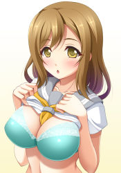 Rule 34 | 10s, 1girl, aqua bra, between breasts, blush, bra, breasts, brown hair, cleavage, clothes lift, kunikida hanamaru, large breasts, lifting own clothes, long hair, looking at viewer, love live!, love live! sunshine!!, narutaki shin, necktie, necktie between breasts, parted lips, shirt lift, simple background, solo, standing, underwear, upper body, white background, yellow eyes