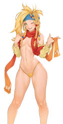 Rule 34 | 1girl, bandana, blonde hair, blue bandana, braid, breasts, breasts apart, cheshirrr, detached sleeves, final fantasy, final fantasy x, final fantasy x-2, green eyes, highres, looking at viewer, navel, open mouth, panties, rikku (ff10), scarf, scarf over breasts, simple background, smile, solo, square enix, stomach, thigh gap, thong, toned, topless, underwear, white background, yellow panties
