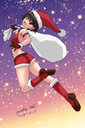 Rule 34 | 1girl, ass, breasts, brown eyes, brown hair, choker, christmas, full body, girls und panzer, gloves, hat, holding, holding sack, isobe noriko, looking at viewer, matsui yasutsugu, one-hour drawing challenge, red footwear, sack, santa costume, santa hat, shorts, signature, simple background, small breasts, smile, solo, star (symbol), starry background
