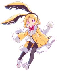 Rule 34 | 1girl, :3, animal ears, black pantyhose, blonde hair, copyright request, highres, jacket, namori, pantyhose, pom pom (clothes), rabbit earmuffs, rabbit ears, scarf, simple background, slippers, smile, solo, thick eyebrows, white background