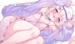 Rule 34 | 1girl, armpits, bare legs, blush, camisole, cardigan, eip (pepai), eye mask, feet out of frame, flat chest, hair spread out, highres, iriam, looking at viewer, lying, mask, mask on head, pink camisole, pink hair, purple cardigan, purple eyes, smile, solo, spice (agency), thighs, yohane shiroru
