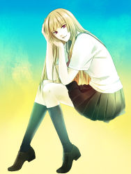 Rule 34 | 1girl, black footwear, black legwear, black skirt, blonde hair, blue background, from side, full body, fuwa aika, high heels, invisible chair, long hair, looking at viewer, miniskirt, parted lips, pleated skirt, red eyes, school uniform, shirt, shoes, short sleeves, sitting, skirt, smile, solo, two-tone background, very long hair, white shirt, yellow background, zetsuen no tempest